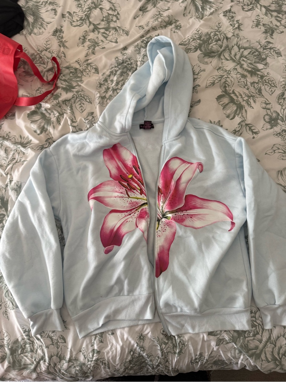 NWOT Light Blue Floral Zip Hoodie with Pink Flower Print
